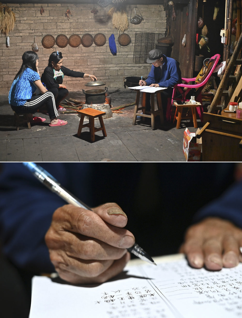 在广西柳州市融水苗族自治县杆洞乡乌英苗寨,74岁的梁安合老人(右)在编写教案(4月30日摄)。近年来,梁安合受聘担任乌英苗寨妇女夜校的老师,他将唐诗改编成苗歌,传授给夜校的妇女们。